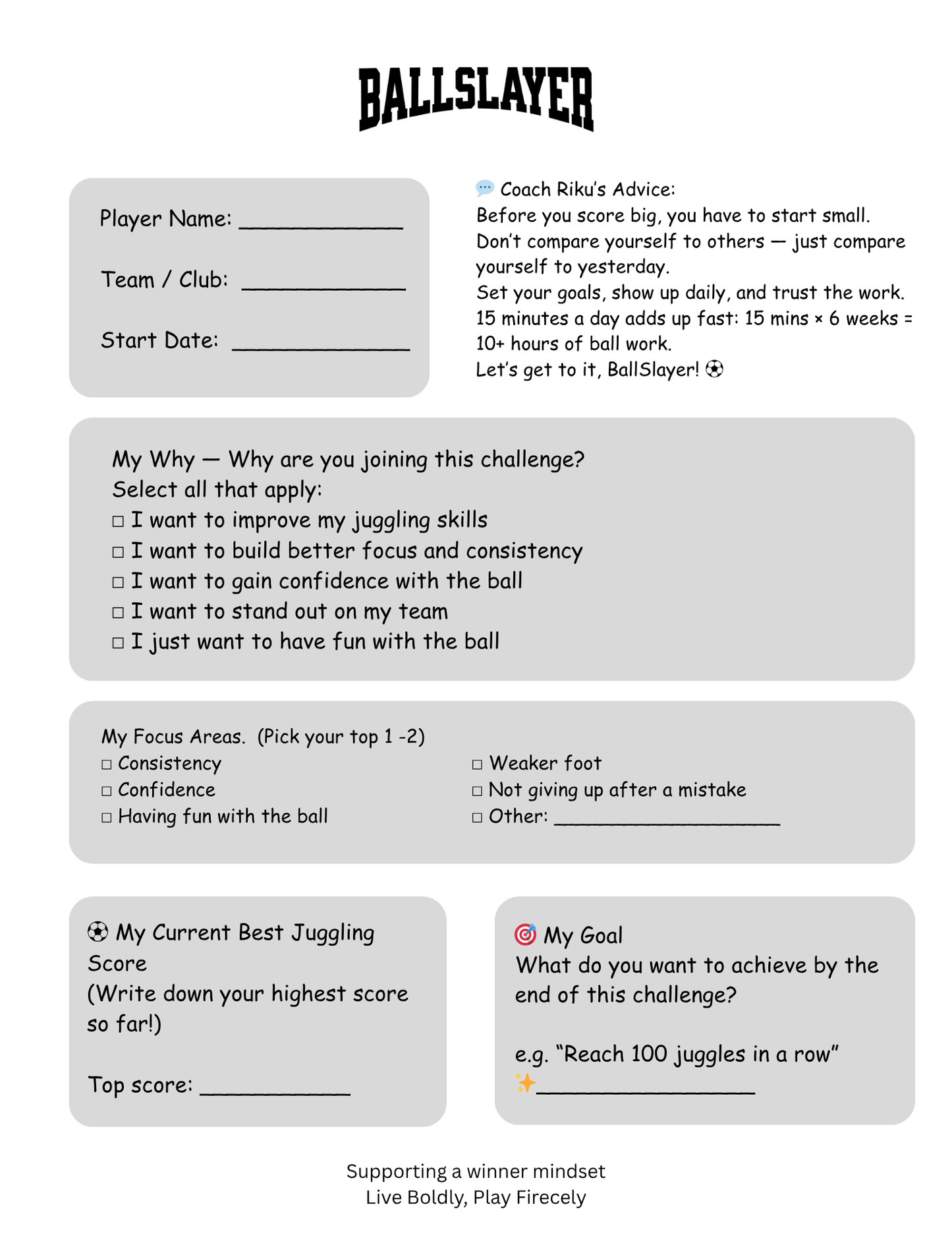 Soccer Juggling Challenge Tracker | 6-Week Printable PDF | Youth Soccer Kids Ages 8-14