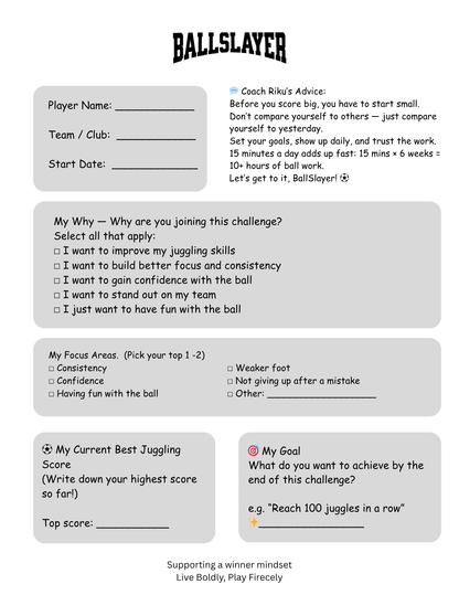Soccer Juggling Challenge Tracker | 6-Week Printable PDF | Youth Soccer Kids Ages 8-14