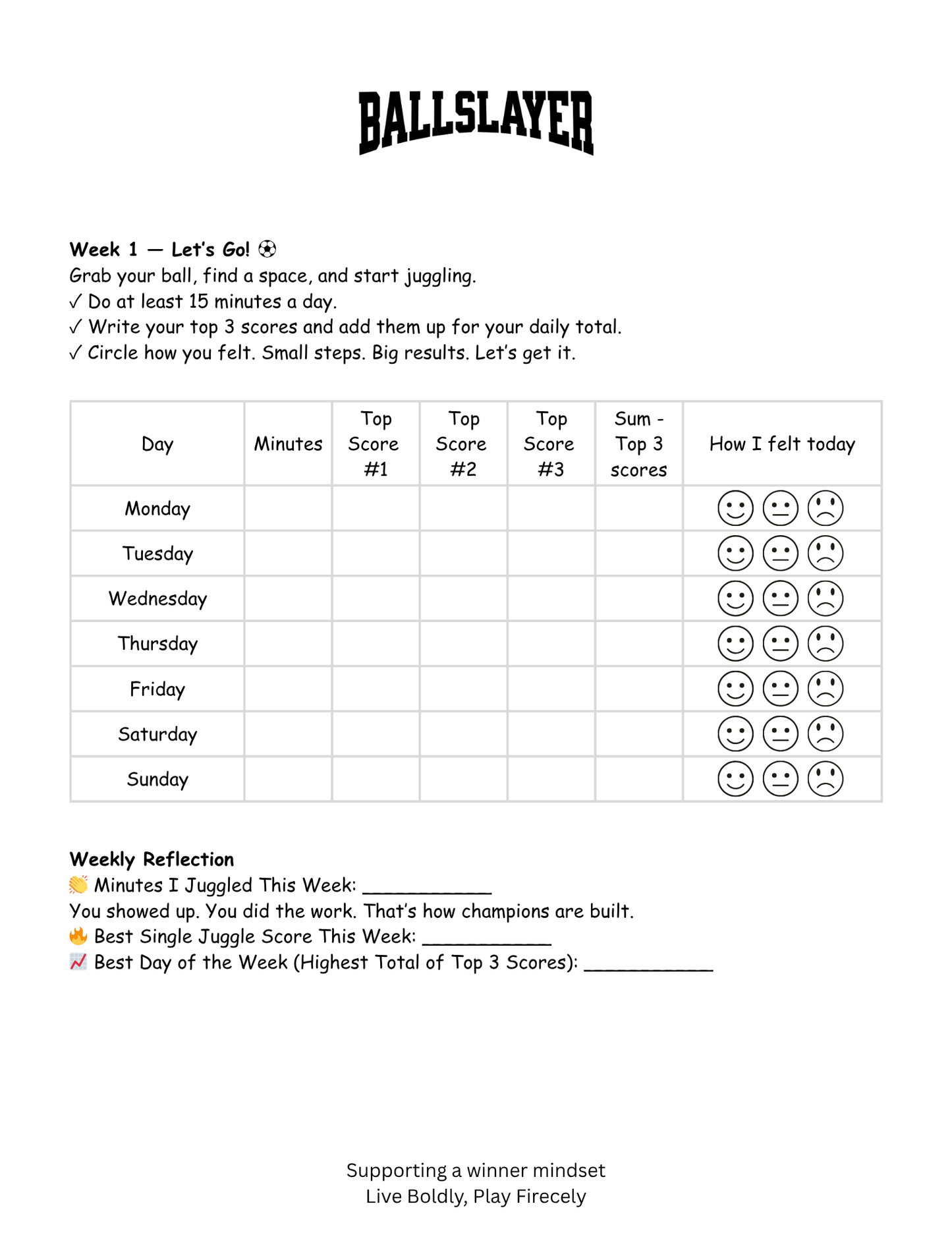 Soccer Juggling Challenge Tracker | 6-Week Printable PDF | Youth Soccer Kids Ages 8-14