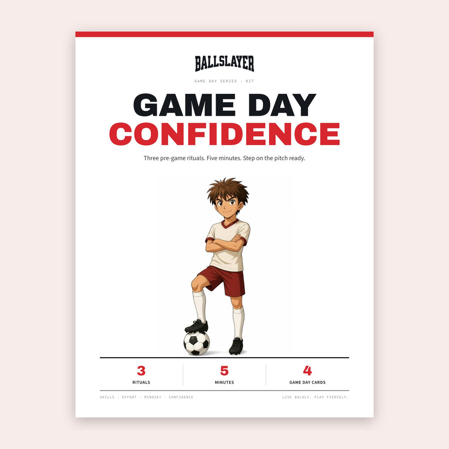 Game Day Confidence Kit cover: Kai standing with a soccer ball under the title
