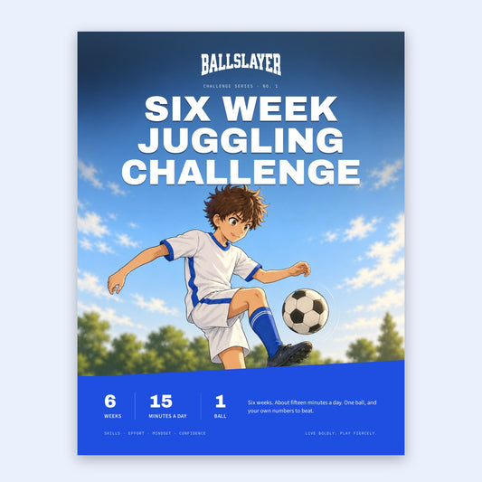 Six Week Juggling Challenge cover: anime-style young player juggling a soccer ball