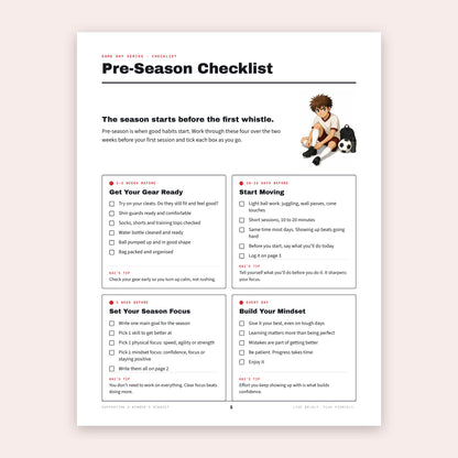 Pre-Season Checklist page with four timed sections and Kai tying his boots