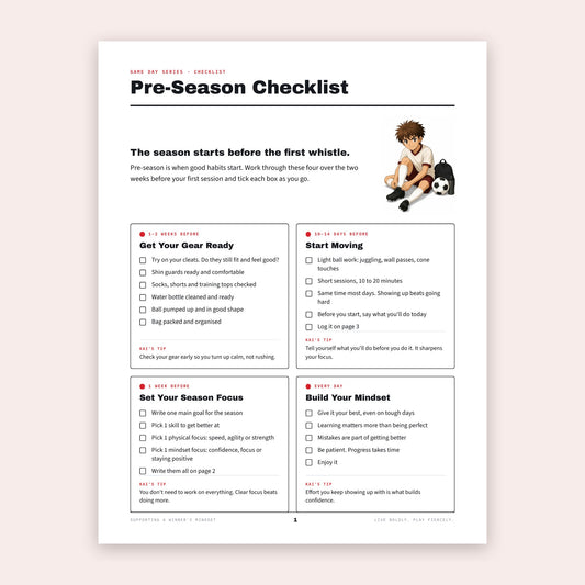 Pre-Season Checklist page with four timed sections and Kai tying his boots