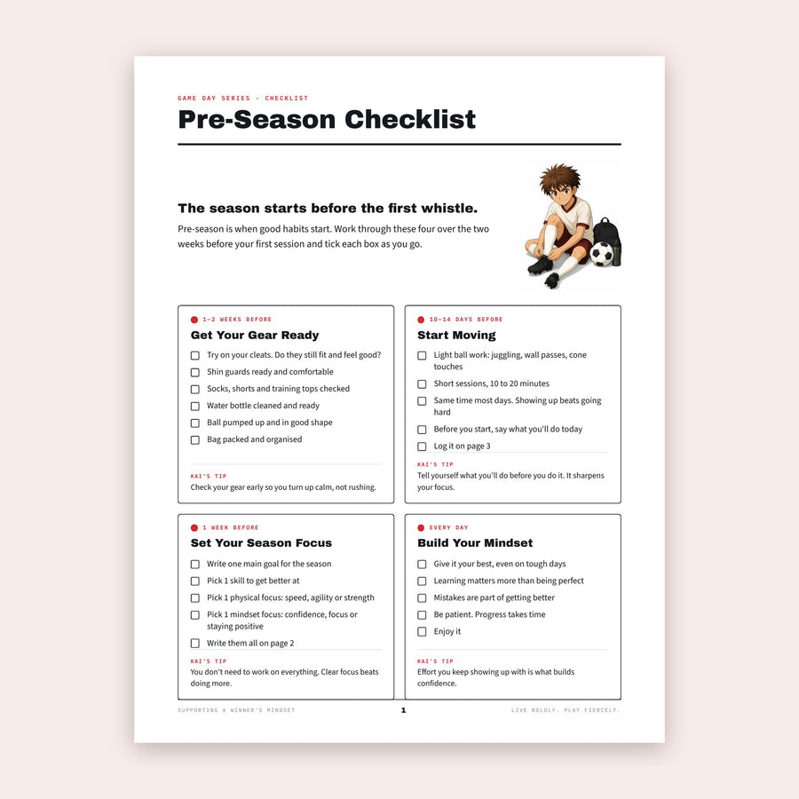 Pre-Season Checklist page with four timed sections and Kai tying his boots