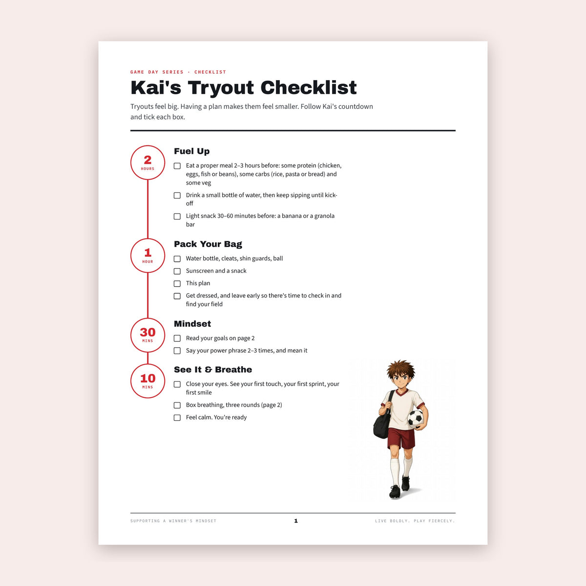 Kai's Tryout Checklist countdown from 2 hours to 10 minutes