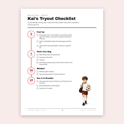 Kai's Tryout Checklist countdown from 2 hours to 10 minutes