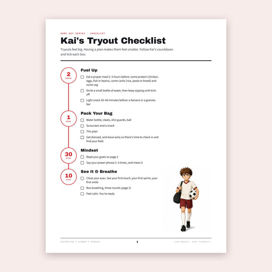 Kai's Tryout Checklist countdown from 2 hours to 10 minutes