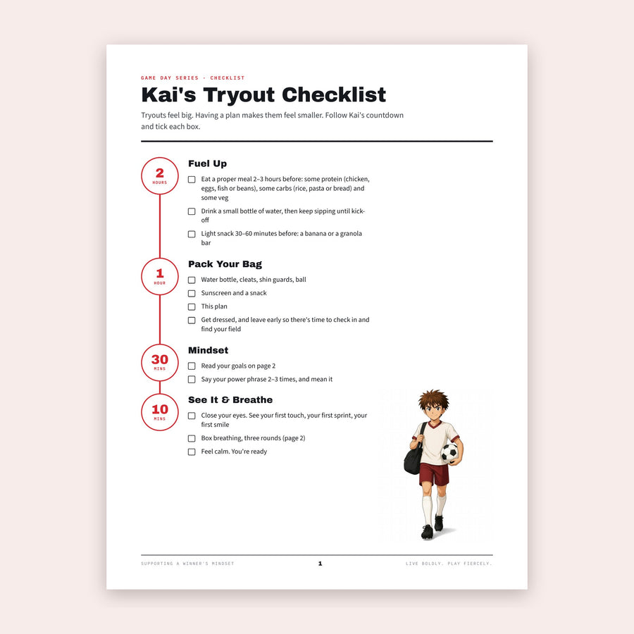 Kai's Tryout Checklist countdown from 2 hours to 10 minutes